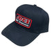 Dark navy blue baseball cap with an embroidered rectangular patch on the front featuring red text reading "OBEY" with a white border against a black background. The cap has a curved brim and structured six-panel crown design, displayed at an angle showing the front and left side.