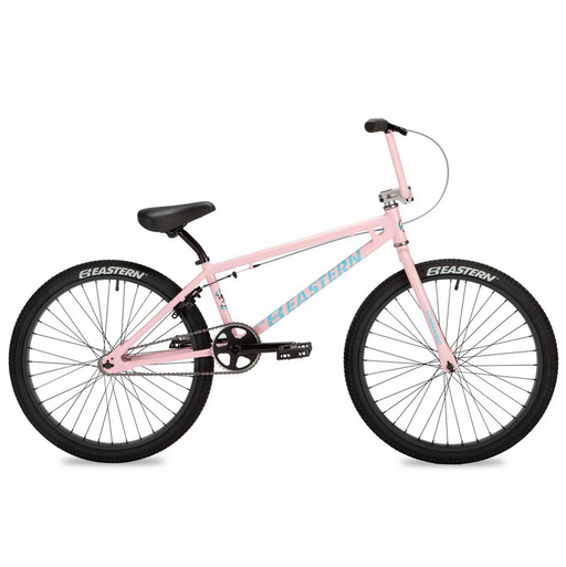 Pink Eastern BMX bicycle with black tires, seat, and handlebars, featuring "EASTERN" branding on the frame. Side profile view showing complete bike against white background.