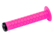 A bright pink bicycle handlebar grip with a textured, diamond-pattern surface for enhanced grip. The cylindrical rubber grip features black end caps on both sides and appears to be approximately 5-6 inches in length.