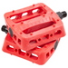 Red metal bicycle pedals with textured grip surface and mounting hardware, shown against white background. The pedals feature a flat platform design with multiple pins for traction.
