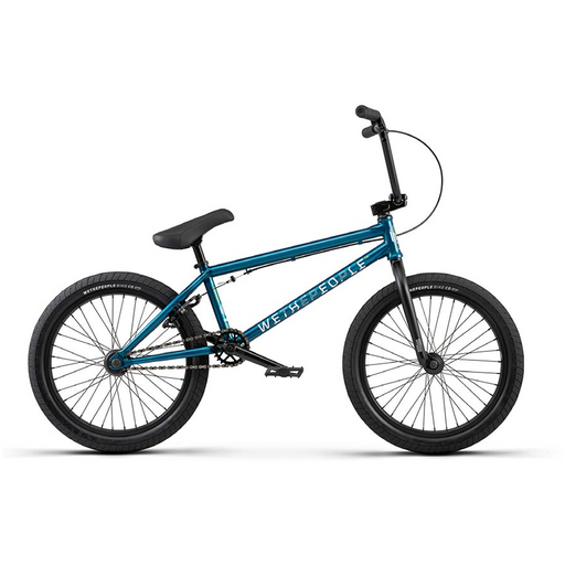 A teal-colored WeThePeople BMX bike with black components, photographed from the side against a white background, showing both 20-inch wheels, handlebars, seat, and frame in complete profile view.