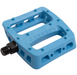 Blue plastic bicycle pedal with textured surface and metal pins, shown in side profile view against white background